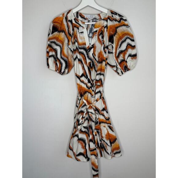 Willa Story Rachel Puff Sleeve V-Neck Babydoll Mini Dress Orange Black Womens XS - Picture 2 of 9